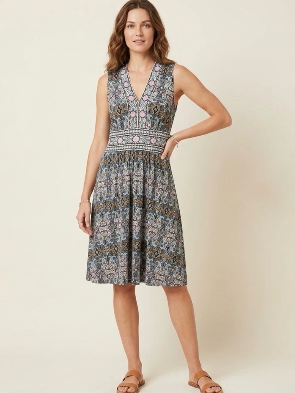 Maggy London Paisley V-Neck Sleeveless Dress | Size 14P